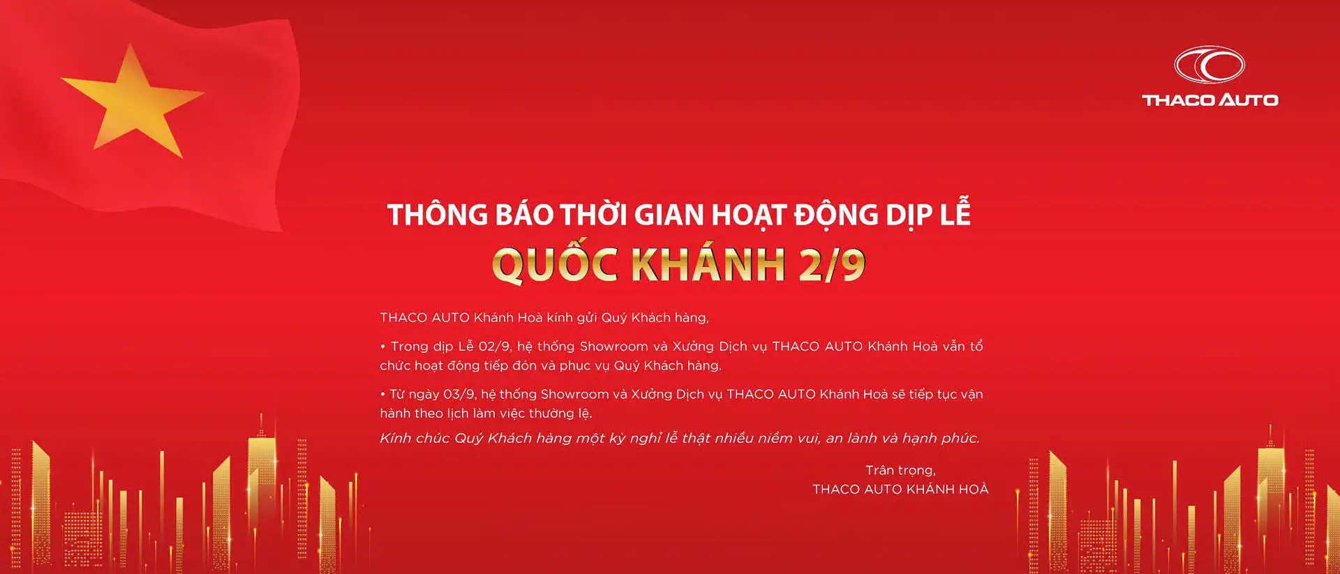 THÔNG BÁO THỜI GIAN HOẠT ĐỘNG DỊP LỄ QUỐC KHÁNH 02/09